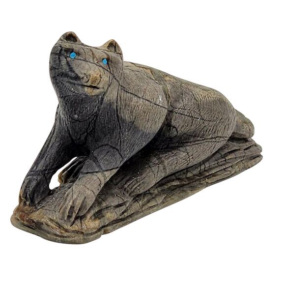 Native American Zuni Mountain Lion Stone Carving Calvin Weeka Turquoise Totem - Picture 1 of 16